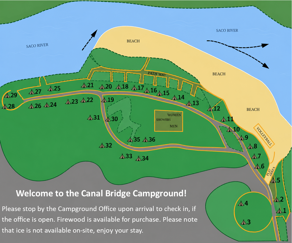 Campground map with sites, river, beach, and amenities labeled.